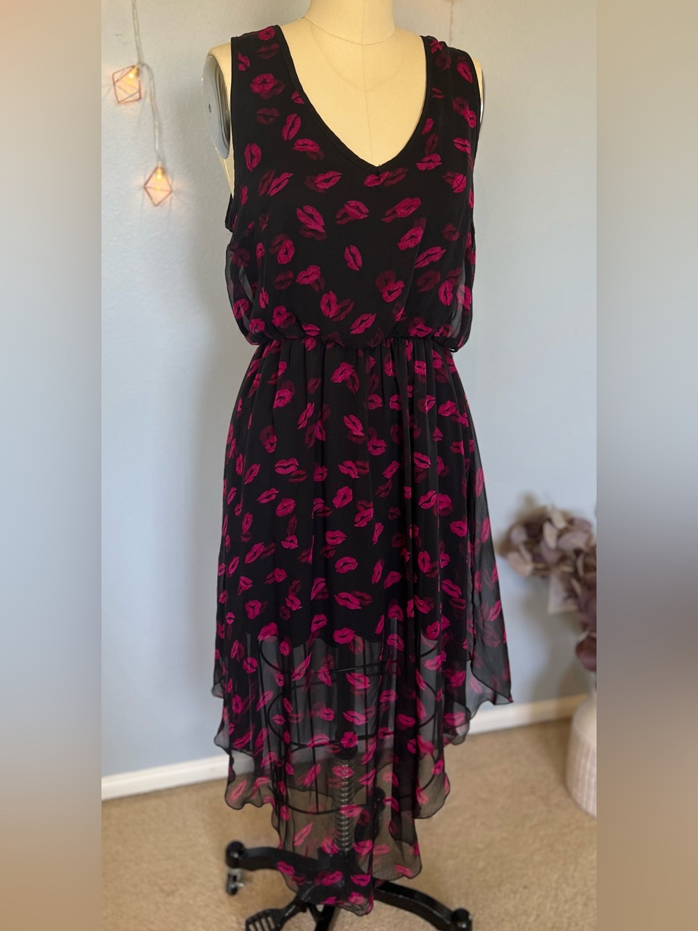 Trac Black Dress with Magenta Lip Print High-Low Hem